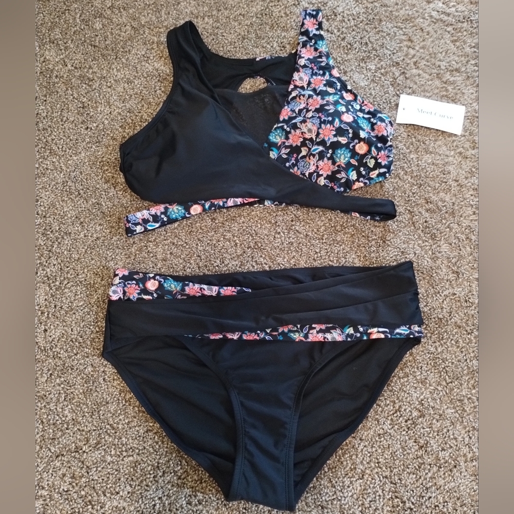 Meet Curve black floral high waist cutout 2 piece bikini swimsuit